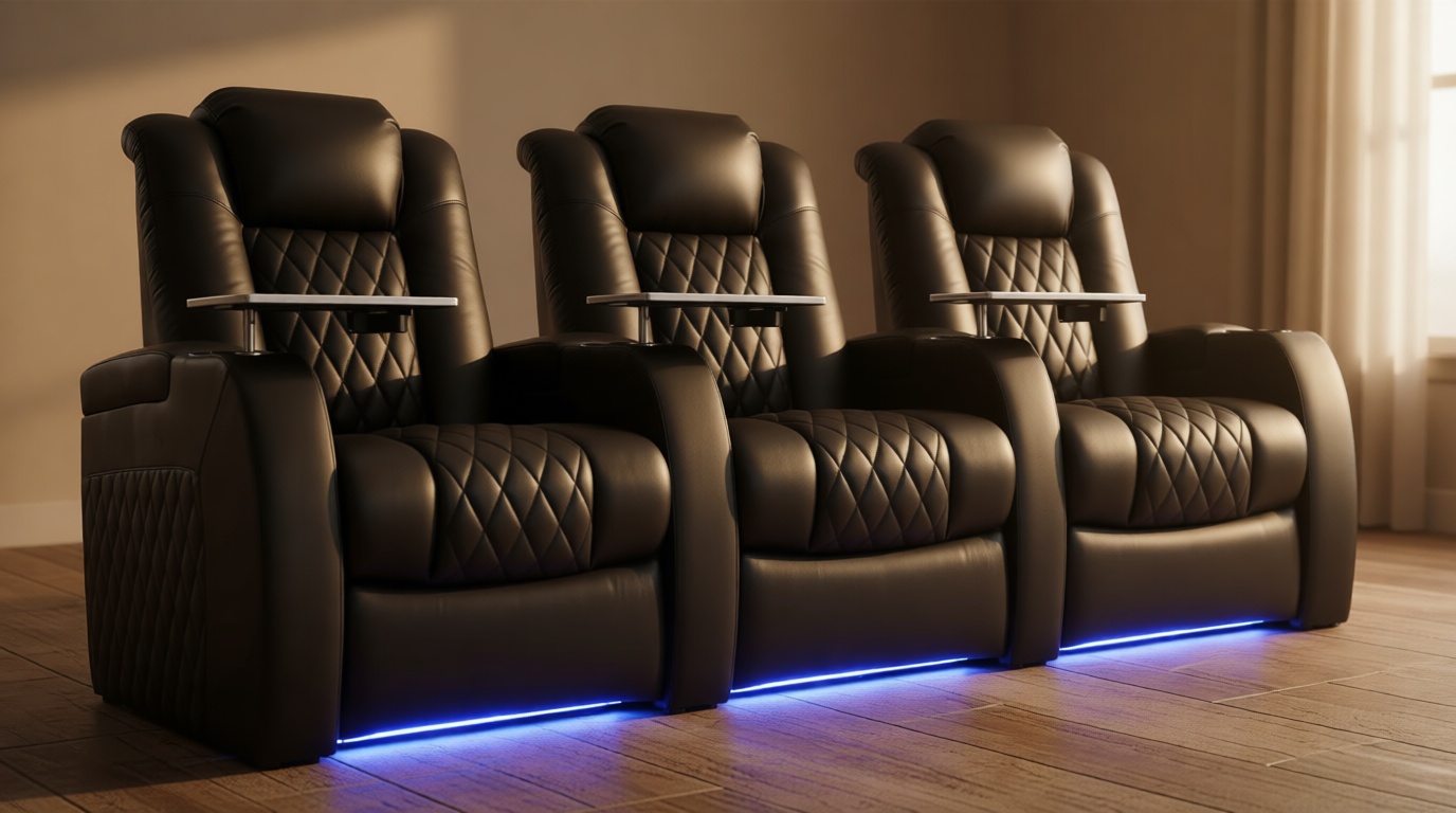 Weilianda Home Theater Seating Top Grain Leather Zero Gravity Recliner Chair Power Headrest Recline Movie Seat Gaming 7 Colors Mood Light Sofa with Tray Table USB Charge Row of 3 Black