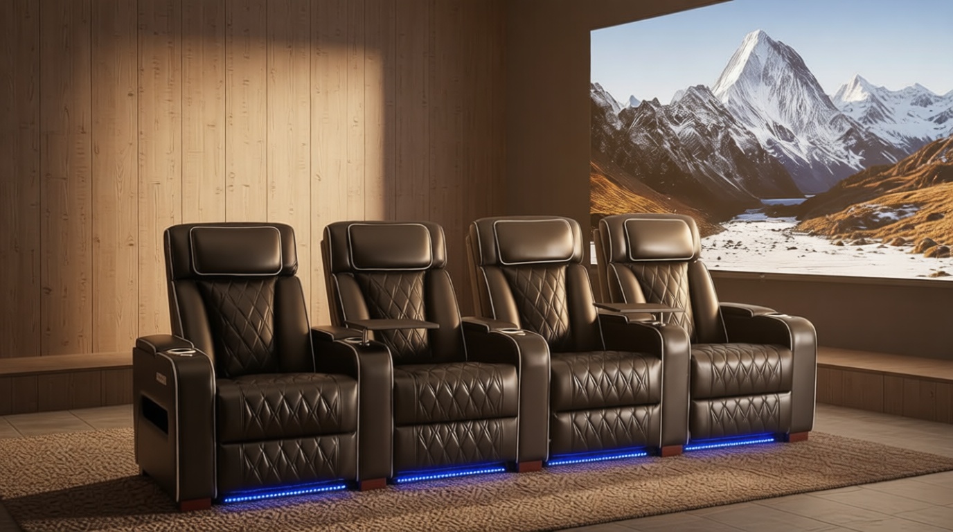 Luxury Home Theater Seating – Power Recliner with Adjustable Headrests, Blue LED Ambient Lighting, Tray Table, USB & Type-C Charging (Black,4 Seat)