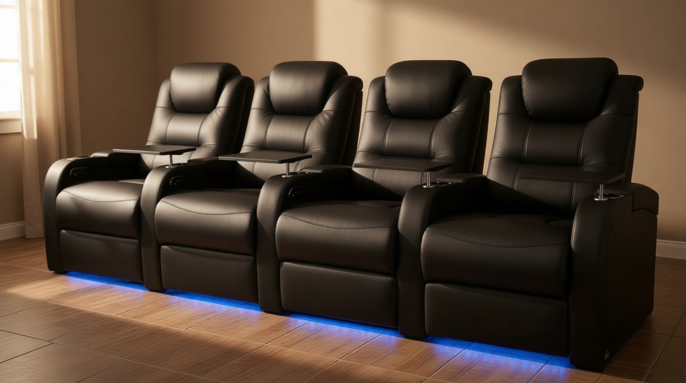 comfiroom Leather Home Theater Seating, Simple Style Top Grain Leather Game Seats Movie Theater Chairs Recliner Sofa with Type-C USB Charger (Black, Row of 4)