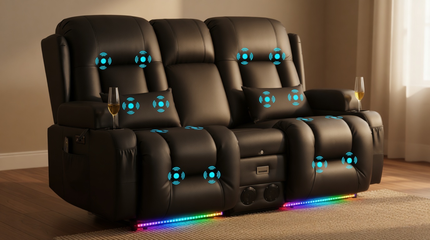 URRED Power Loveseat Recliner Sofa with Massage and Heat, Wall Hugger Reclining Loveseat with Console, RV Couch Home Theater Seating with LED Lights for Living Room (Black, 67" - 2 Seats) | Zero Gravity Recline, Full-Body Vibration, Lumbar Heating, USB Charging Ports, Cup Holders, Storage