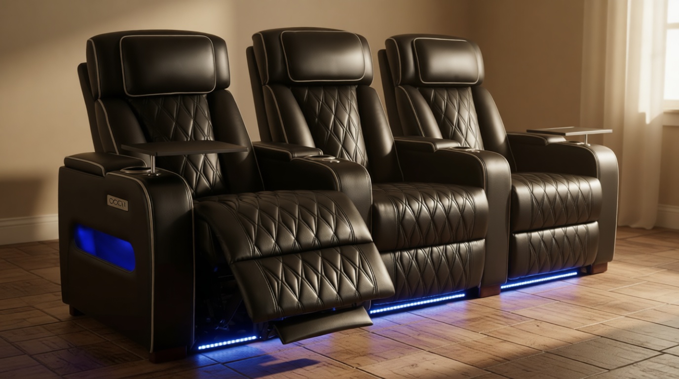 GUEAPY Power Reclining Sofa Home Theater Seating with Adjustable Headrest, Breathable Leather Electric Recliner with LED Lighting, Cup Holders, USB Charging & Tray Table