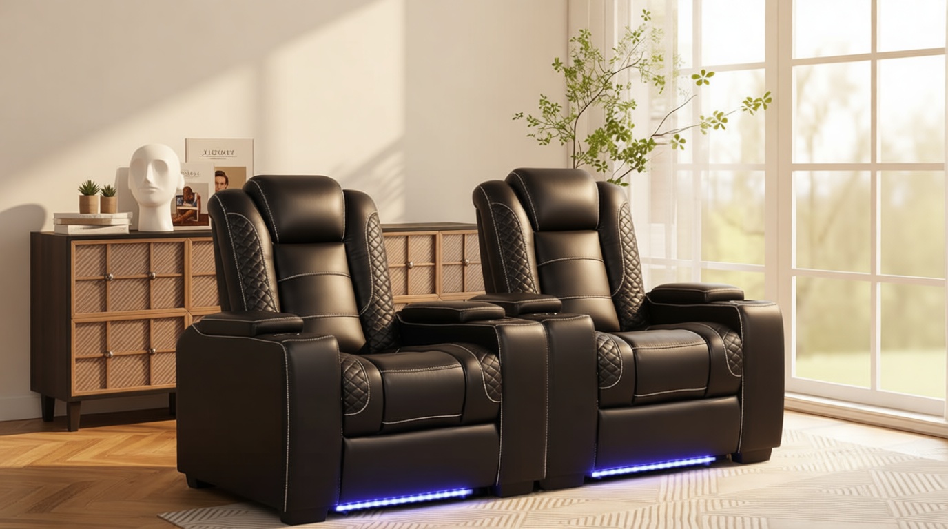 ANJ Power Home Theater Seating Set of 2, PU Leather Electric Recliner Chair with Adjustable Headrest, Movie Reclining Chairs with LED Lights,USB Port, Cup Holders, Hidden Arm Storage (Black) Global Recycled Standard