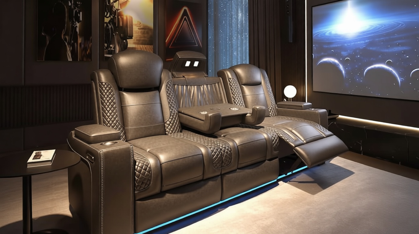 VanAcc Home Theater Seating, Power Movie Loveseat Recliner with USB & Wireless Charging, 3 Seats Leather Sofa Couch for Living Room Gaming, Electric Headrest, Tray Table, Ambient Lighting