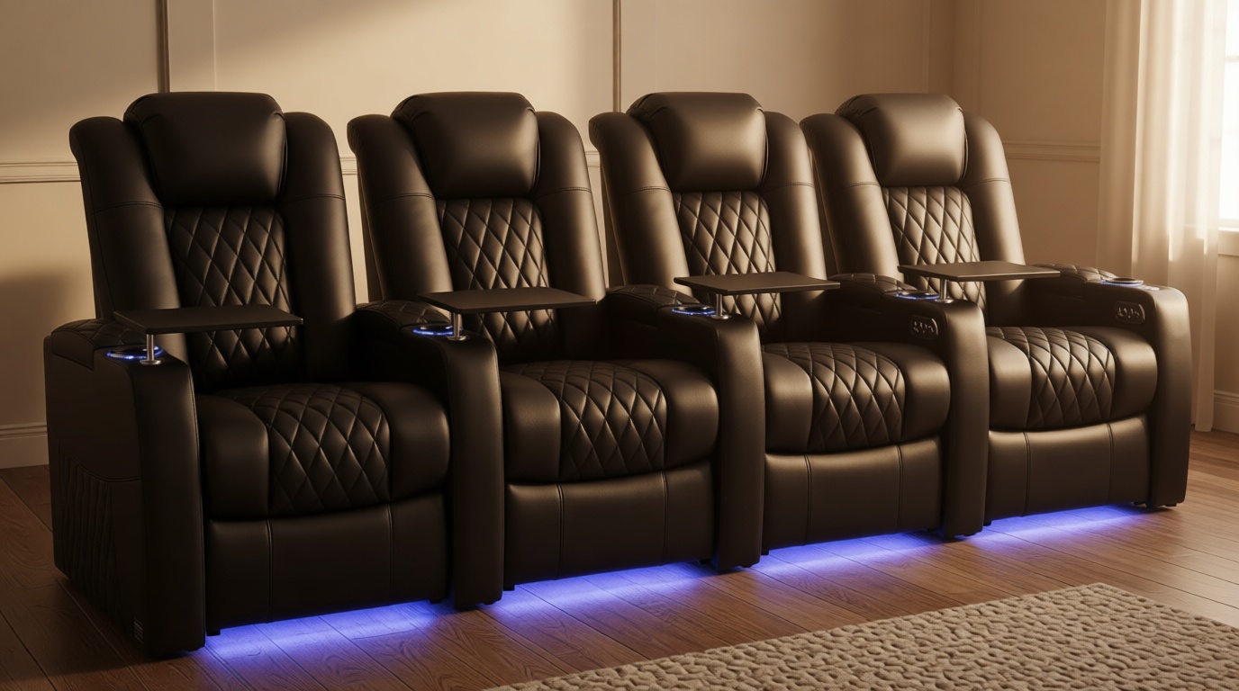 comfiroom Home Theater Seating Seats Classic Series Top Grain Leather Recliner Chair Dual Power Electric Headrest Movie Gaming Sofa with Tray Table Type-C USB Charger Cup Holders (Black, Row of 4)