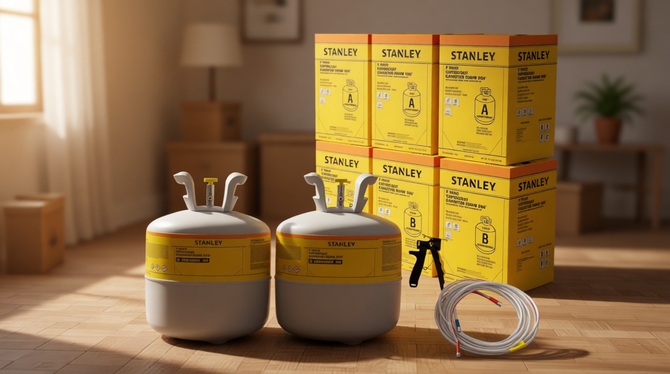 STANLEY F994C Supercoat Canister Spray Foam Insulation Kit (3x600 Board Feet) - Class A Fire Rated Closed Cell Two Component Foam Sealant for Wall, Attic, Garage & Crawl | Includes Gun & Hose 3 Pack