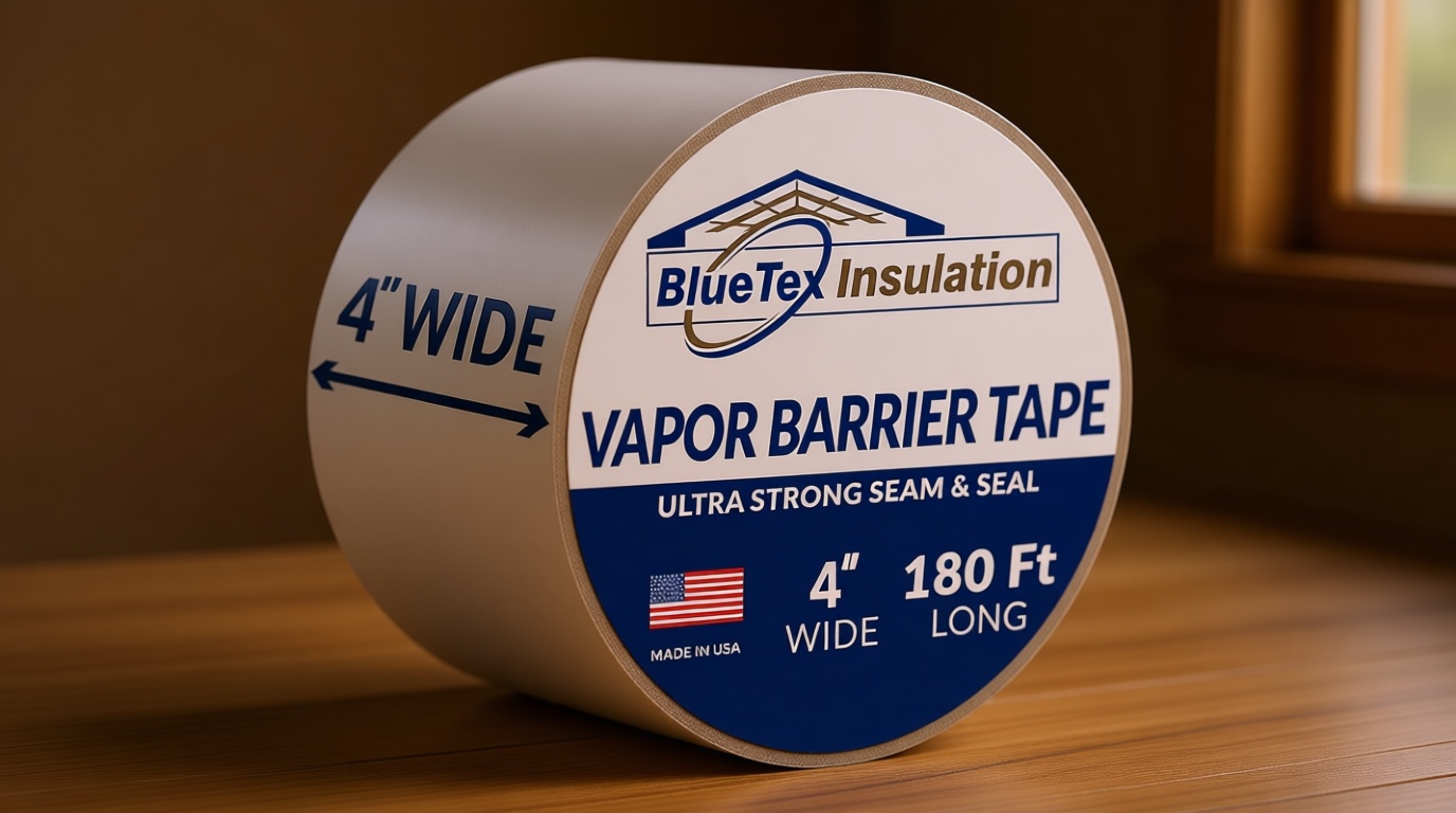BlueTex Insulationㅤ 4'' Wide x 180' Long White Vapor Barrier Tape - 1 Roll, Waterproofing for Stucco, Crawlspaces, Repair, Underlayment Seams, Metal Building Seams, Excellent Air Barrier
