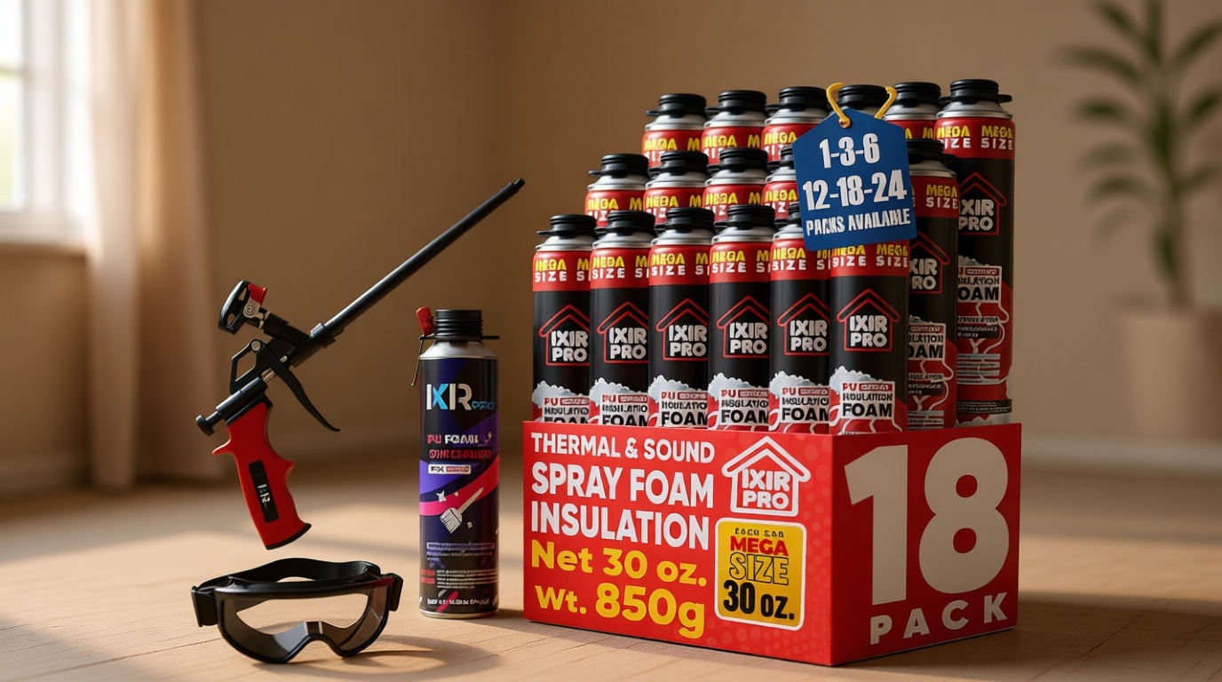 ixirpro Spray Foam Insulation Kit (18 PK Kit-30oz, 414 Board ft/sq.ft) Expanding Sealant, Spray Foam, Mega Size Closed Cell Heat Acoustic Insulation, High Density, Cleaner, Gun