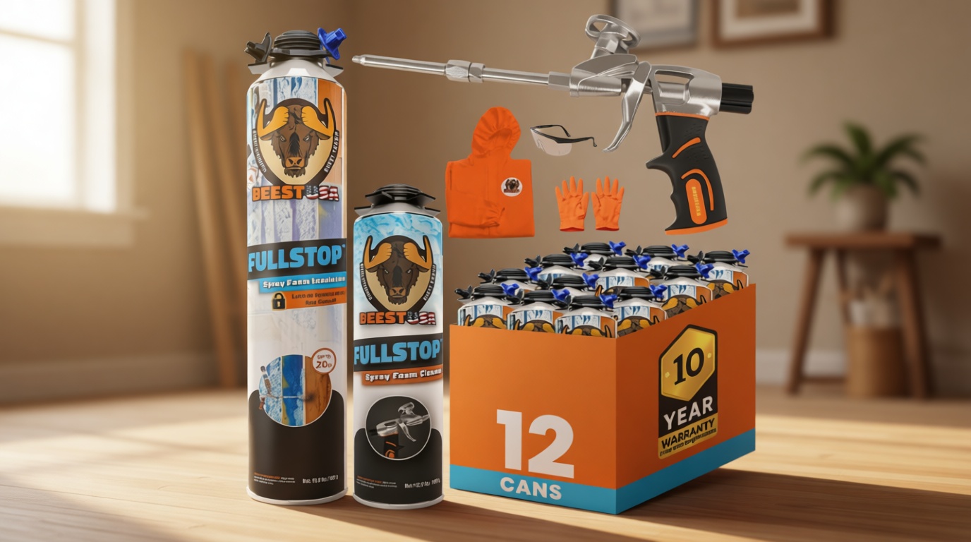 BEEST FullStop Spray Foam Insulation Kit for Walls and Attic - 240 Board ft/sq.ft. Perfect Heat & Acoustic Insulation for Reduced Energy Bills - 12x Spray Foam Can, 1 Cleaner, Pro X Gun & Safety Gear