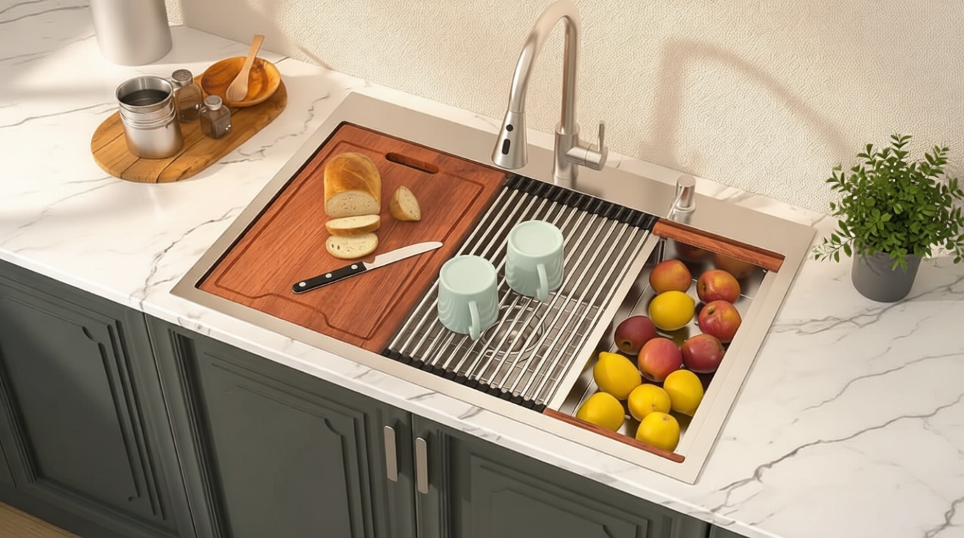 Lordear 33 Inch Drop In Kitchen Sink Workstation All In One SUS304 16 Gauge Stainless Steel 33x22 Drop In Sinks Single Bowl Handmade Above the Counter ClimatePartner certified