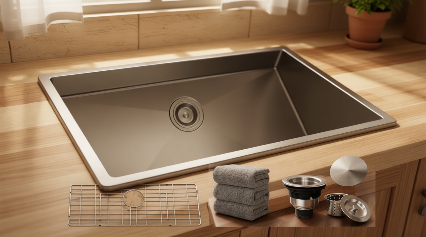 Kitchen Sink 30x18 Inch Undermount Sink Stainless Steel 16 Gauge Single Bowl Kitchen Sinks Set (5 Item Bundle: Sink, Bottom Grid, Drain Assembly, Drain Cap, Towel)