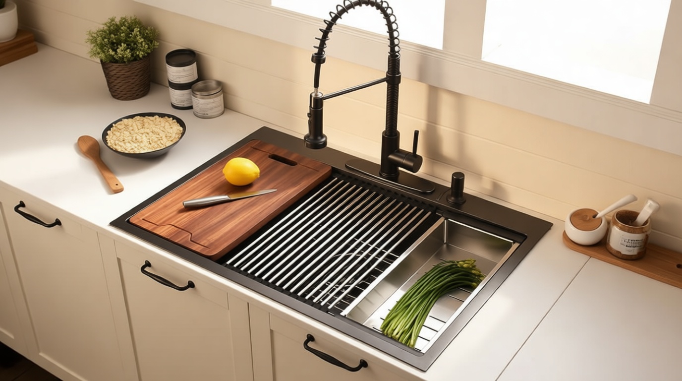 33 Inch Black Drop In Kitchen Sink Workstation - VOKIM 33x22-Inch Drop In Sink Stainless Steel Top Mount 16 Gauge Single Bowl 10'' Deep Handmade Kitchen sink with Cutting Board& Strainer