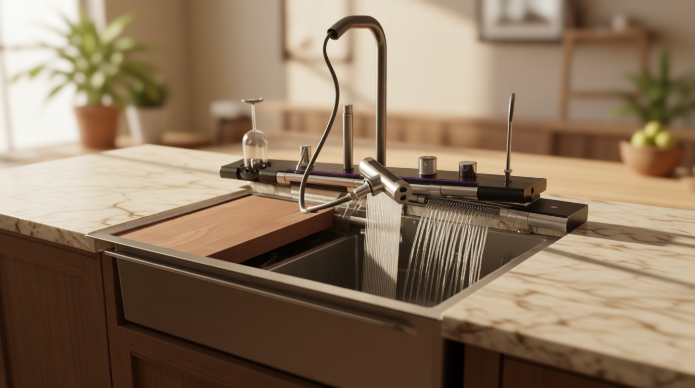 Double Waterfall Kitchen Sink 33 x 22 in 9 Gauge Stainless Steel Smart Digital Display Modern Single Bowl Workstation Sink with Soap Dispenser