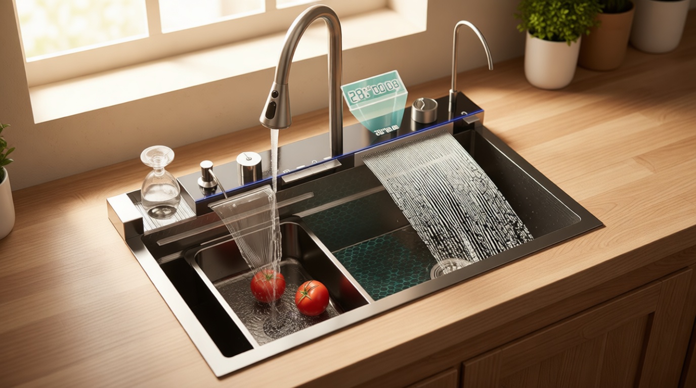 33x22 Inch Nano Black Kitchen Single Bowl Sink With Flying Rain Waterfall, Integrated Workstation, Pull-Out Tap, Drain Basket, Two Waterfalls (33 * 22 * 10 Inch)