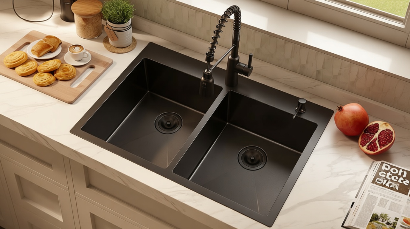ATTOP 33 Inch Black Drop In Double Bowls Kitchen Sink,33x22 Inch Nano Black Handmade Stainless Steel Double Drop in Kitchen Sink