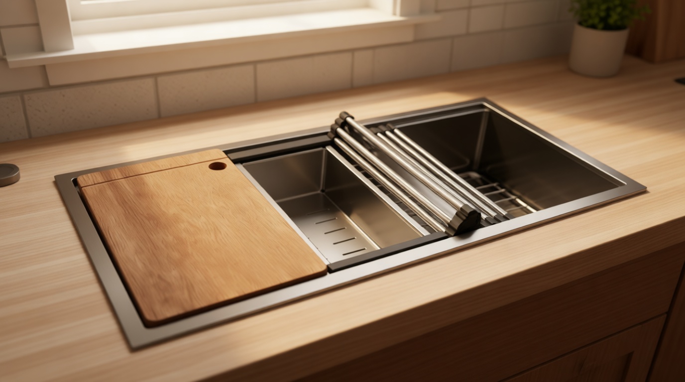 Stainless Steel Kitchen Sink: 30-Inch Undermount Single Bowl Farmhouse Workstation Sink - Noise Reducing Design & Accessories Included (Black, Model 3018)
