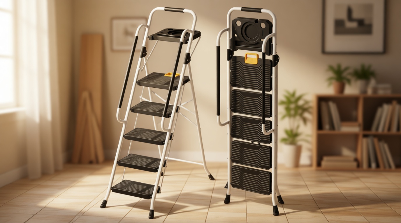 KINGRACK Folding 5-Step Ladder, 800 lbs Capacity Step Stool with Safety Lock, Tool Tray, Non-Skid Wide Steps, Handrail, Household Folding Ladder for Home, Garden, Painting, Outdoor, and Garage, White Global Recycled Standard