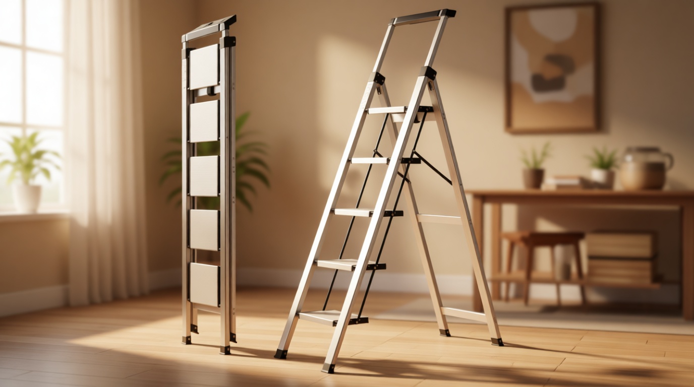 XinSunho 5 Step Ladder, Retractable Handgrip Folding Step Stool with Anti-Slip Wide Pedal, Aluminum Stool Ladders 5 Steps, 330lbs Safety Household Ladder