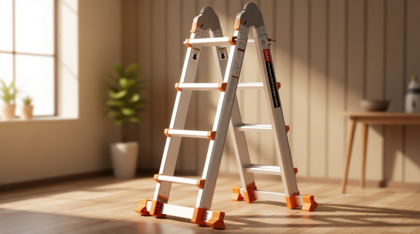 Valeo Ladder 14FT, Multi Position 4 Step Ladder Extension, Anti-Slip A Frame Folding Ladder with Removable Tool Tray, 330lbs Adjustable Telescopic Aluminum Ladders for Stairs Home Indoor Outdoor Roof