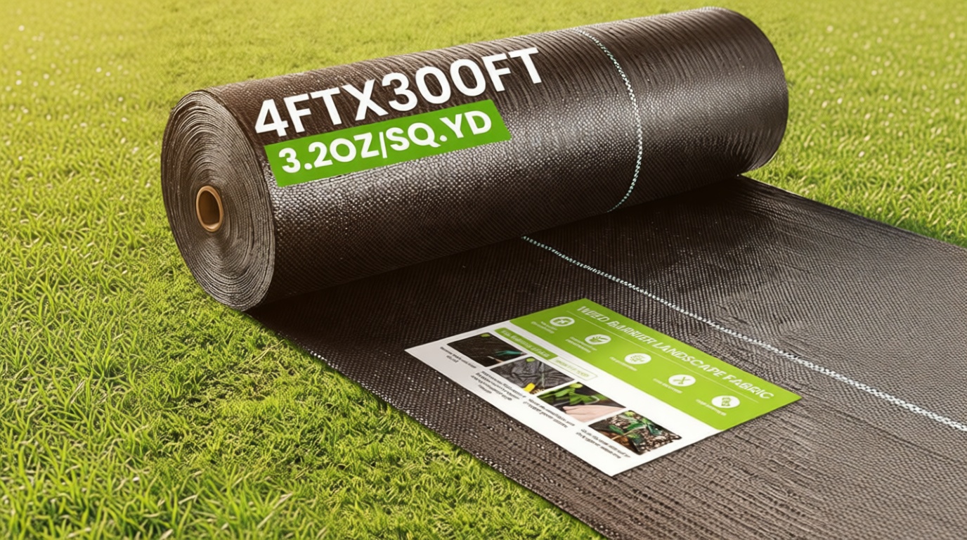 Rintea 4FTX300FT Weed Barrier Fabric, 3.2oz Landscape Fabric, Durable Weed Barrier Fabric Heavy Duty with 20 U-Shaped Securing Pegs for Landscaping Weed Blocker Garden Bed Cover, Commercial Driveway