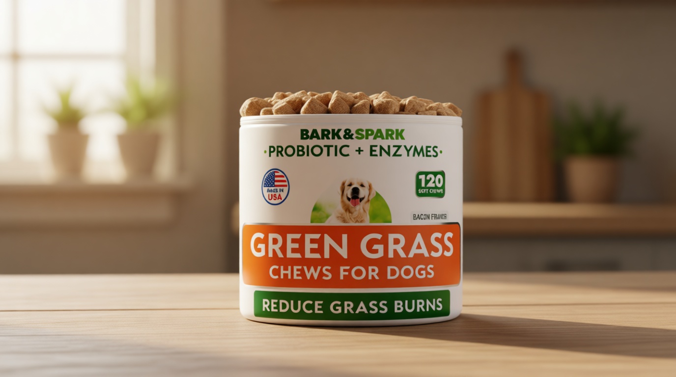 BARK&SPARK Green Grass Dog Chews – Dog Pee Grass & Urine Neutralizer for Lawn, Grass Burn Spot Chews with Probiotics & Enzymes, Helps Reduce Lawn Burn from Dog Urine (120 Soft Chews)