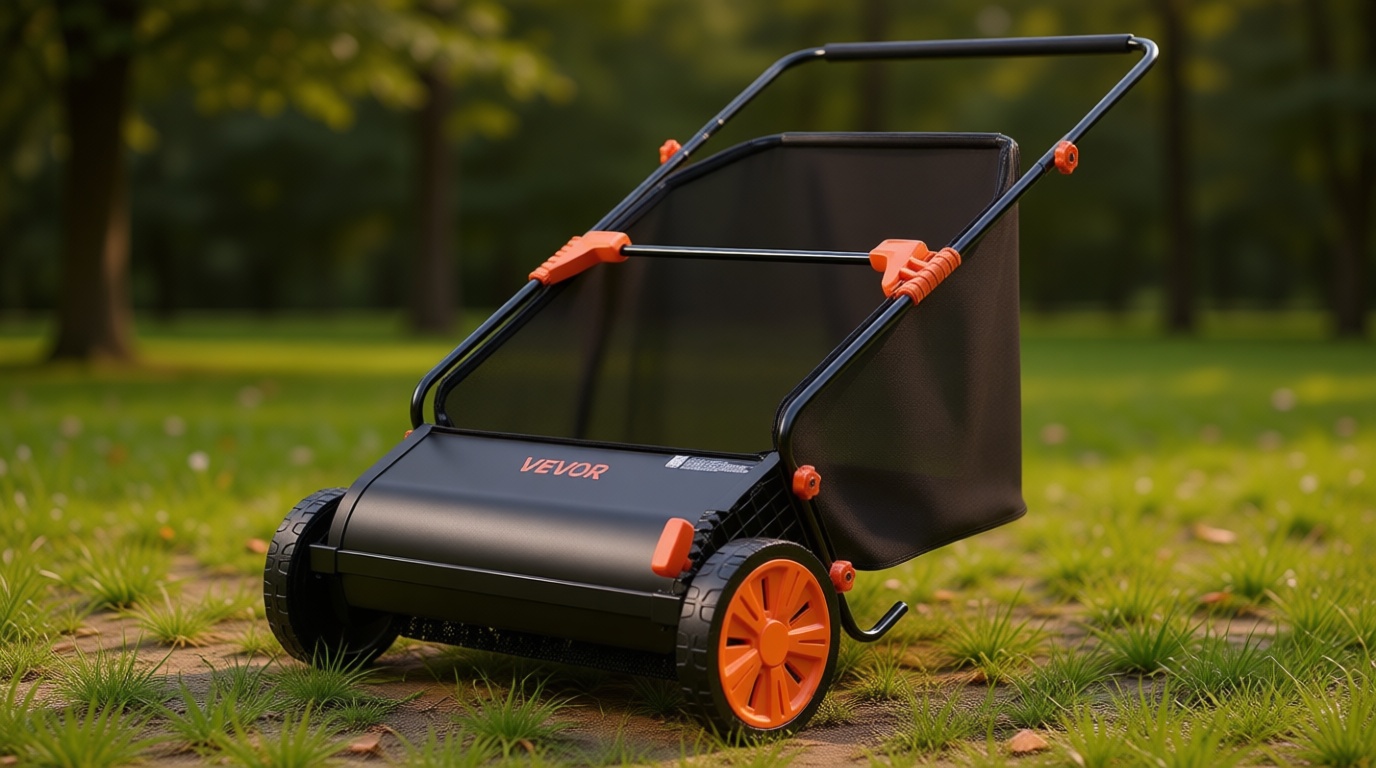 VEVOR Push Lawn Sweeper, 26 in Leaf & Grass Collector with 7 cu. ft. Hopper Bag, Adjustable Brush Height & Spinning Brushes, Heavy Duty Yard Sweeper with Rubber Wheels for Leaves Grass Cleanup