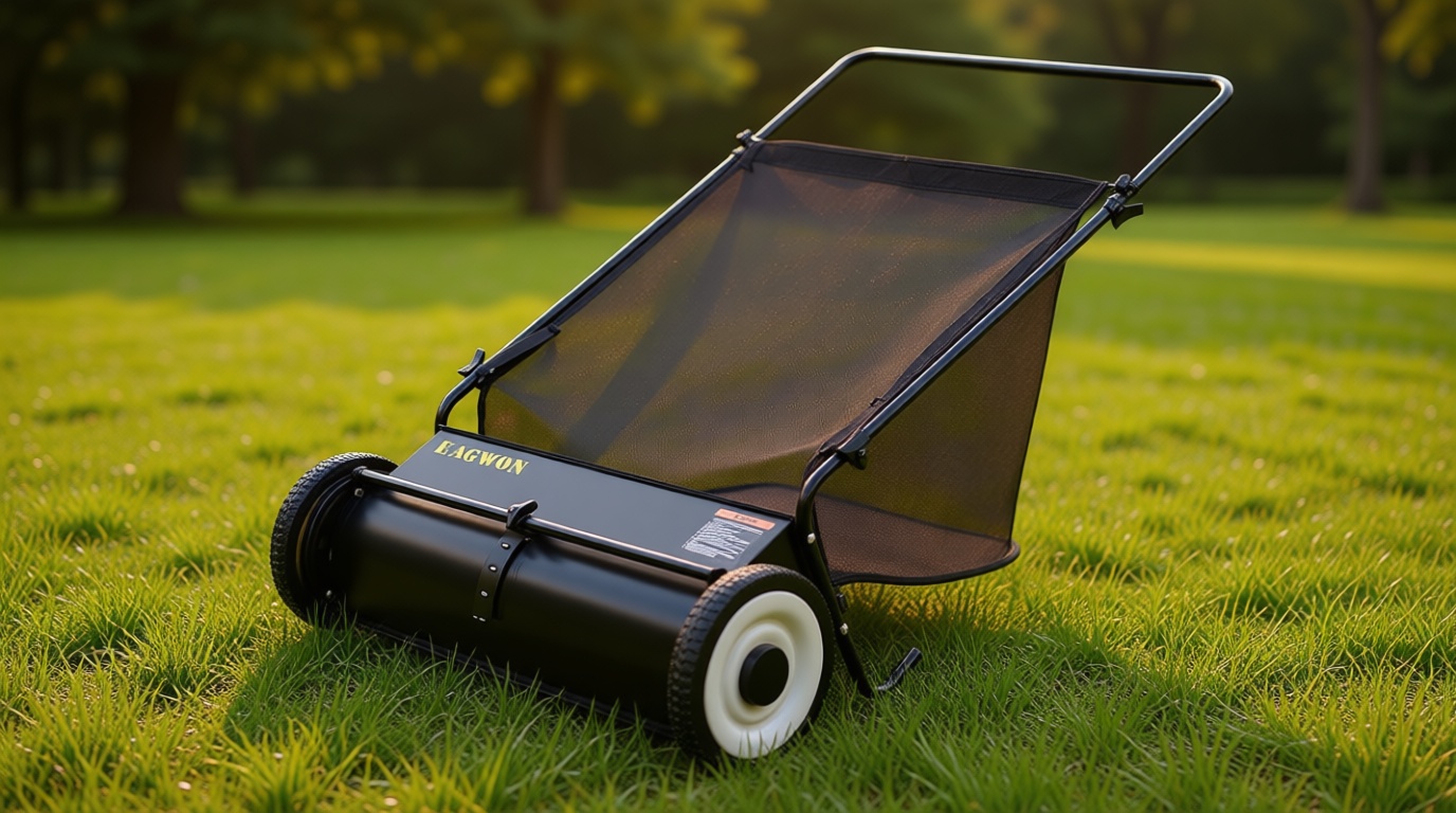 Push Lawn Sweeper, 26-Inch Width, 7 Cu. Ft. Hopper Capacity, 4 Spinning Brushes, Adjustable Height, Durable Steel Frame with Rubber Wheels, Ideal for Leaves and Grass