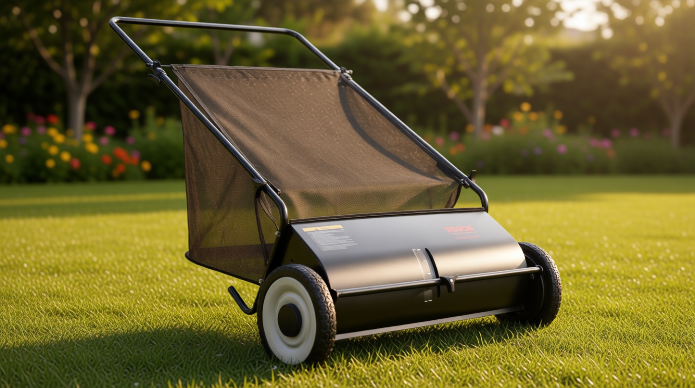 VEVOR Push Lawn Sweeper, 26 Inch Leaf & Grass Collector, Strong Rubber Wheels & Heavy Duty Thickened Steel Durable to Use with Large Capacity 7 ft³ Mesh Collection Bag, 4 Spinning Brushes