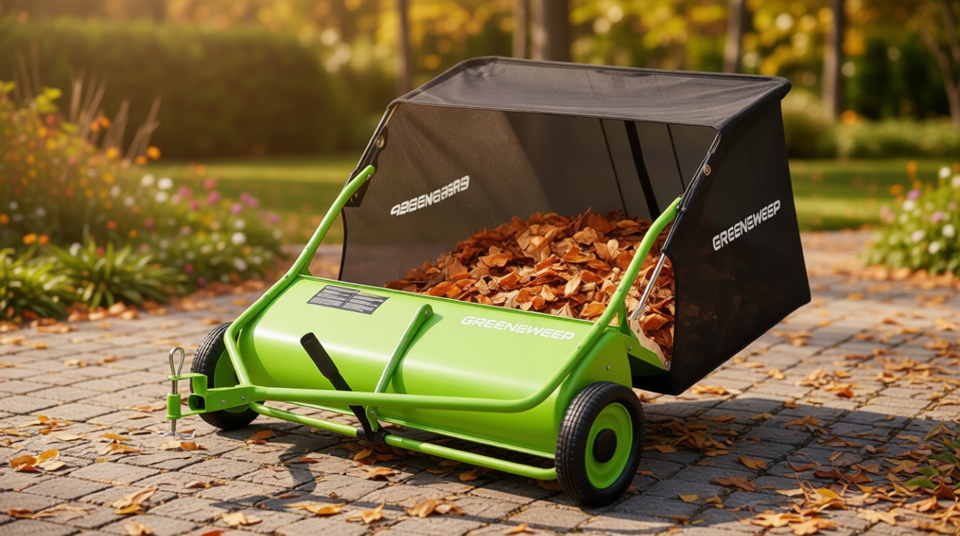 GreenSweep Pickup Tow 42-Inch Lawn Sweeper – Tow-Behind Leaf Collector for Ride-On Mowers – Adjustable Brush Height – Large Grass Catcher Hopper – Garden Debris Sweeper Attachment