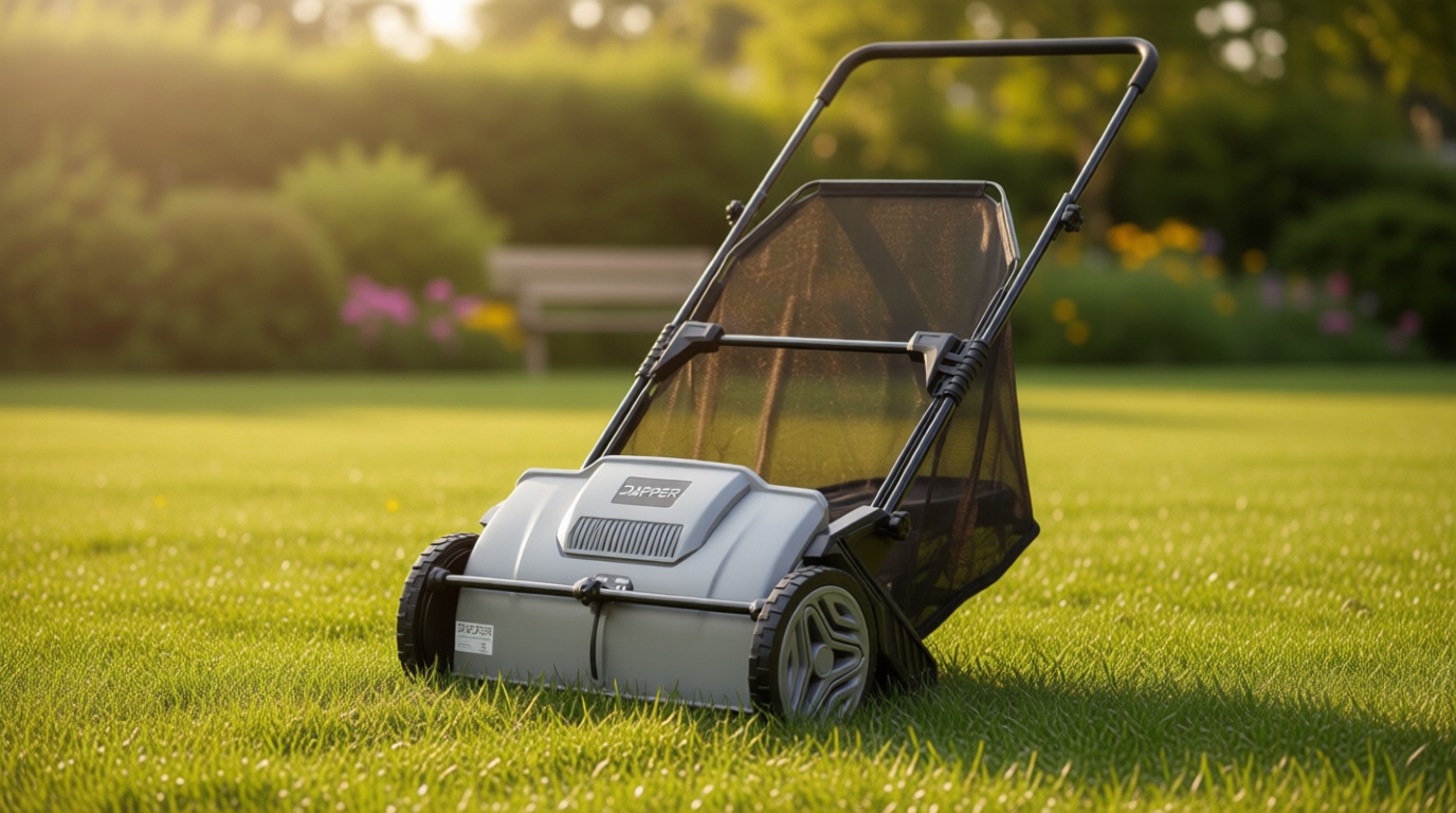 Dapper Supply 21-Inch Push Lawn Sweeper, Grass, Lawn and Leaf Cleanup Collector with Large 3.5 cu. ft. Hopper Bag, Durable Wheels, and Dual Spinning Brushes, Grey