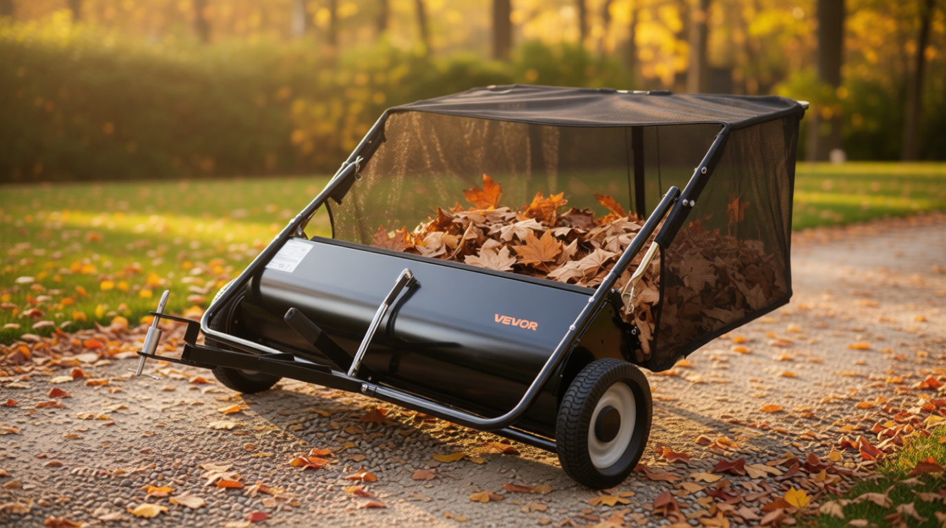 VEVOR Tow Behind Lawn Sweeper, 44 in Pull Behind Lawn Sweeper, 25 cu. ft Large Capacity Leaf & Grass Collector, Heavy Duty Garden Sweeper with Adjustable Sweeping Height for Yard, Lawn, Farm