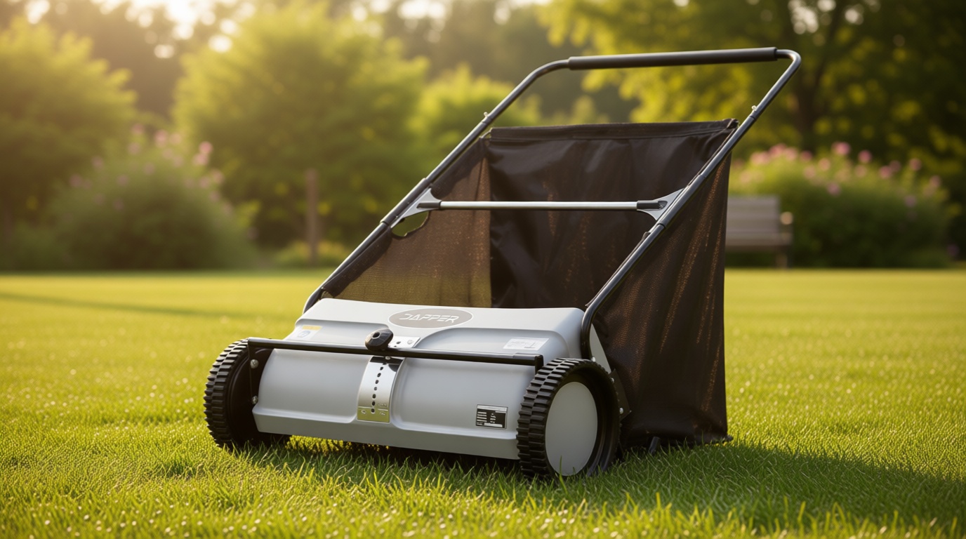 Dapper Supply 26-Inch Push Lawn Sweeper, Grass, Lawn and Leaf Cleanup Collector with Large 7 cu. ft. Hopper Bag, and Dual Spinning Brushes, Grey
