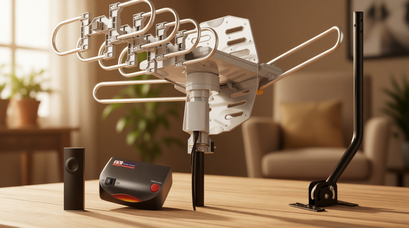 PBD Amplified Outdoor TV Antenna with 360° Motorized Rotation, UHF/VHF Long-Range Reception, Remote Control, Mounting Pole & 40FT RG6 Cable, Dual TV Outputs, Supports 4K/1080P Smart & Older TVs