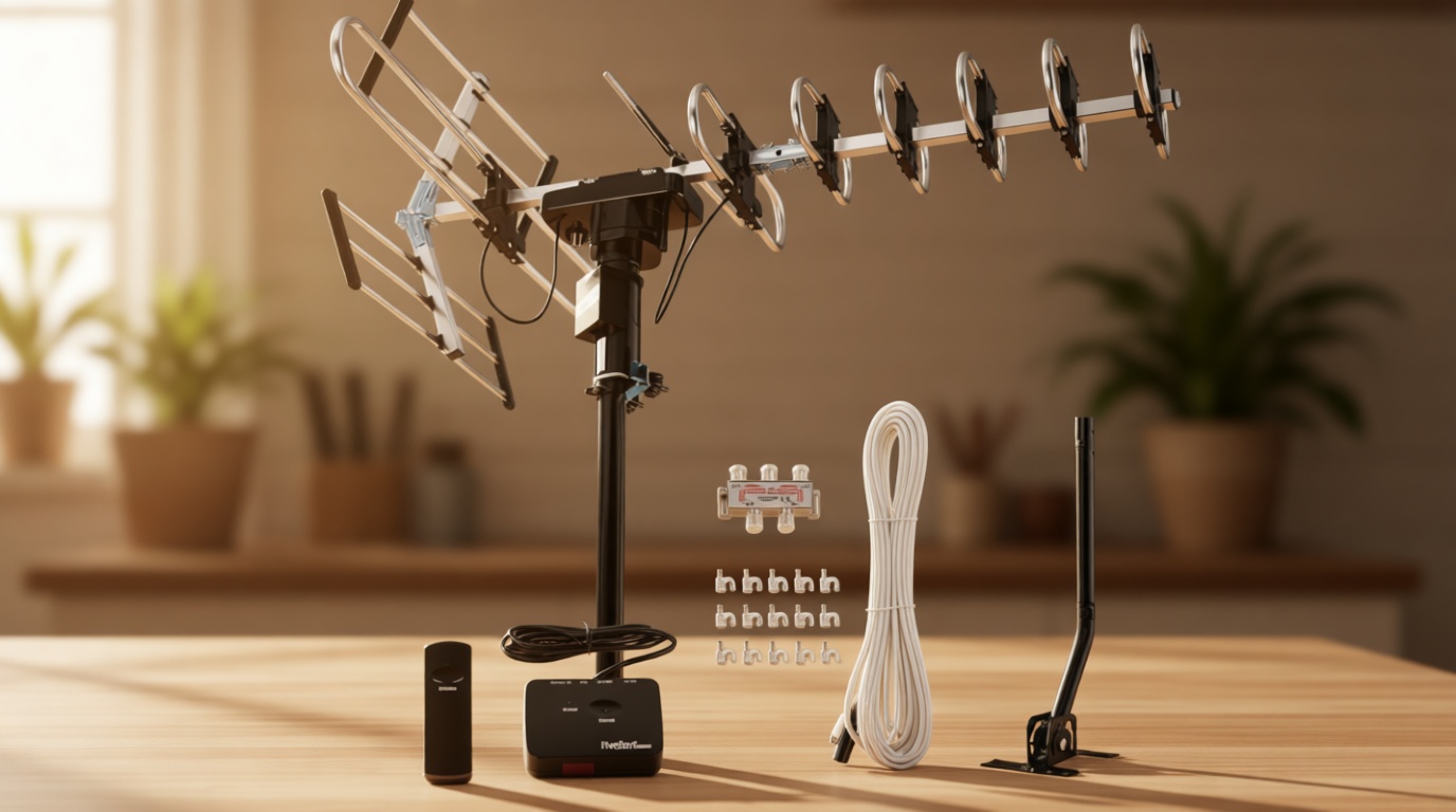 Five Star Outdoor Digital Amplified HDTV Antenna - up to 200 Mile Long Range,Directional 360 Degree Rotation,HD 4K 1080P FM, Supports 5 TVs Plus Installation Kit and Mounting Pole