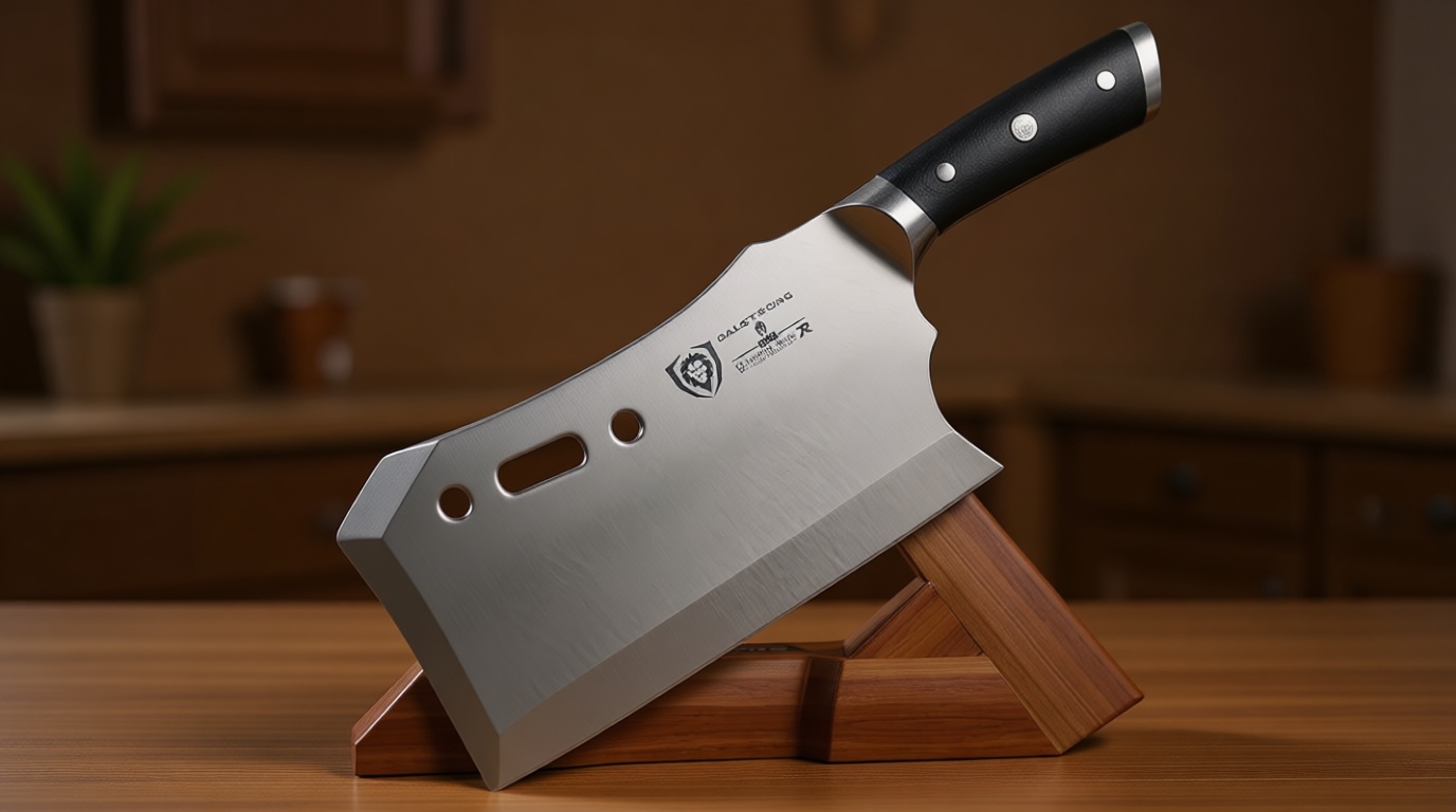 Dalstrong Obliterator Meat Cleaver Knife 9 inch - Wood Stand & Sheath - 3lbs 6mm Thick Butcher Knife - 7CR17MOV Carbon Steel - Gladiator Series R - Heavy Duty Chopping Knife - G10 Handle Chef's Knife