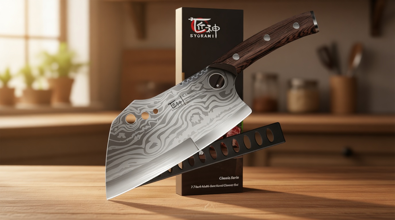 SYOKAMI Meat Cleaver Chef Knife with Sheath, 7.7 Inch Butcher Knife with Herb Stripper, Chopping Knife Heavy Duty Bone Cutting, Damascus Pattern Full Tang Wood Handle, Birthday Gift for Men The Forest Stewardship Council