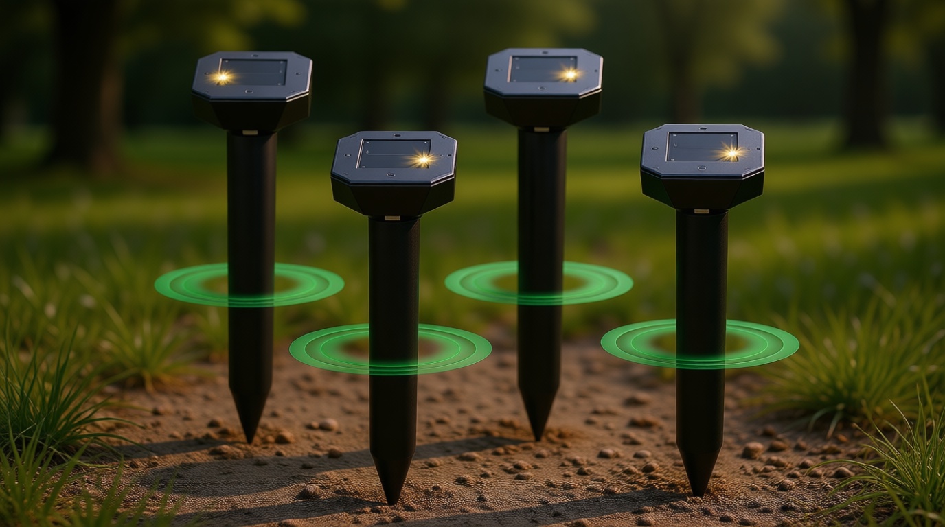 Snake & Mole & Rabbit & Skunk Repellent Solar Powered, Upgraded Ultrasonic Deterrent, IP65 Waterproof, Gopher Groundhog Chipmunk Raccoon and Vole Repellent & Deterrent for Lawn & Garden, 4 Pack