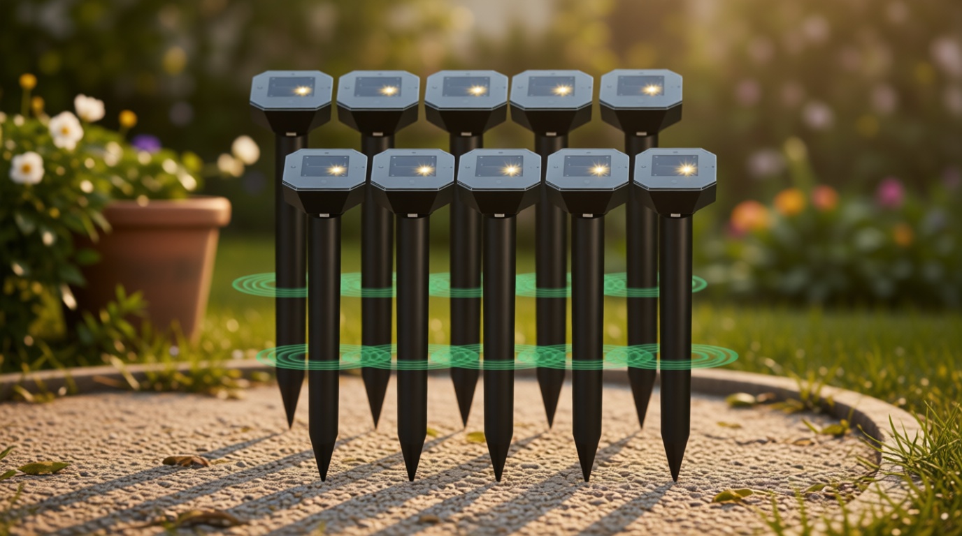 Snake & Mole & Rabbit & Skunk Repellent Solar Powered, Upgraded Ultrasonic Deterrent, IP65 Waterproof, Gopher Groundhog Chipmunk Raccoon and Vole Repellent & Deterrent for Lawn & Garden, 10 Pack