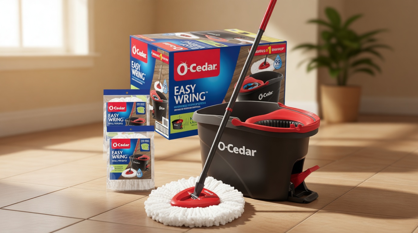 O-Cedar EasyWring Microfiber Spin Mop & Bucket Floor Cleaning System + 2 Extra Refills, Red/Gray