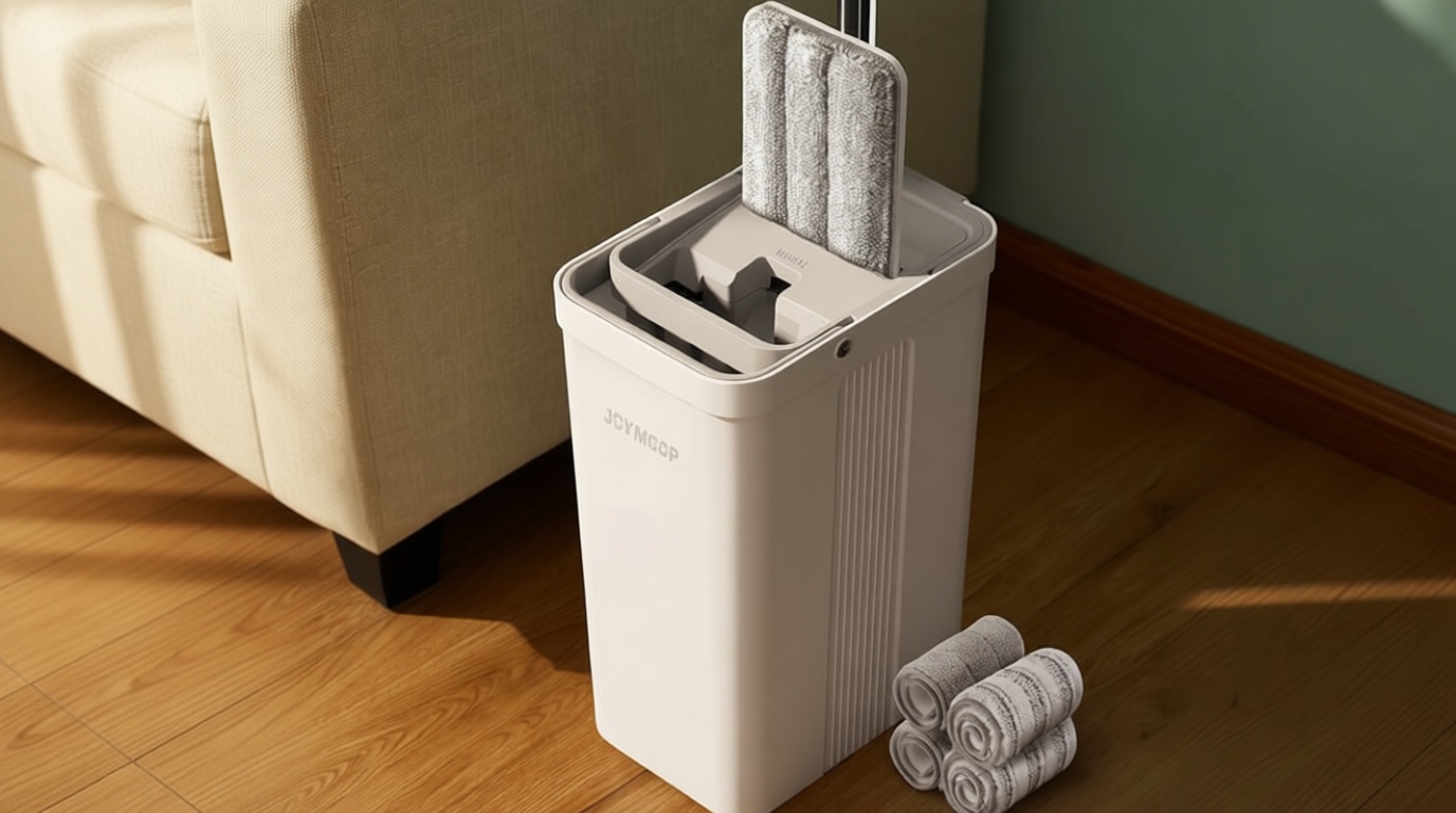 JOYMOOP Mop and Bucket Set with Wringer, Flat Mops for Floor Cleaning, Wall Mop Cleaner with Long Handle, Hardwood Floor Mop with 4 Microfiber Pads