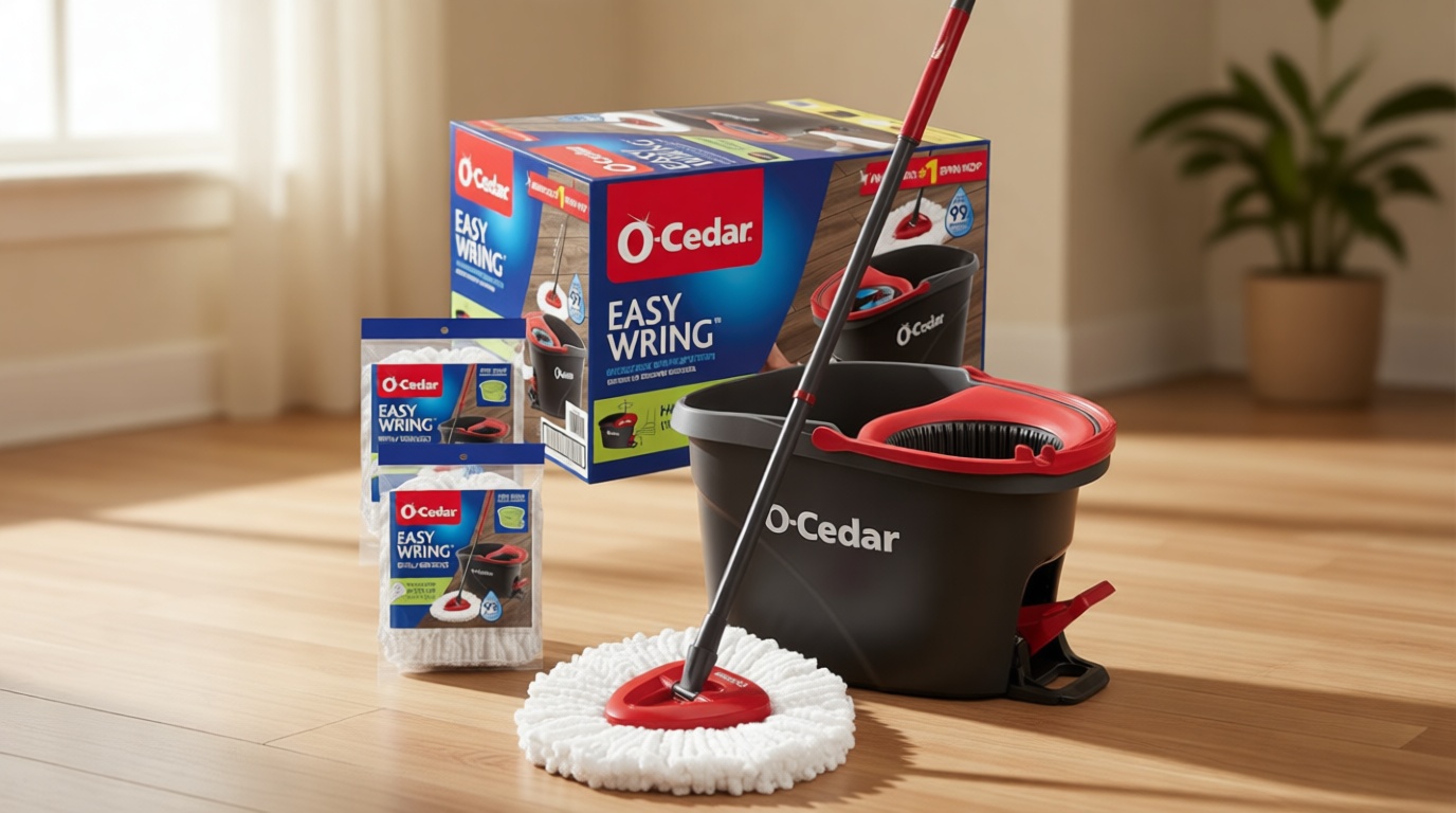 O-Cedar EasyWring Microfiber Spin Mop & Bucket Floor Cleaning System + 2 Extra Refills, Red/Gray
