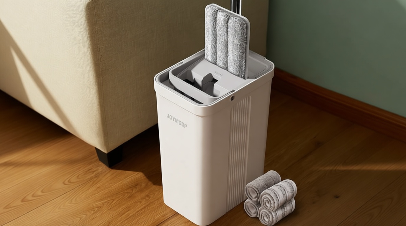 JOYMOOP Mop and Bucket Set with Wringer, Flat Mops for Floor Cleaning, Wall Mop Cleaner with Long Handle, Hardwood Floor Mop with 4 Microfiber Pads