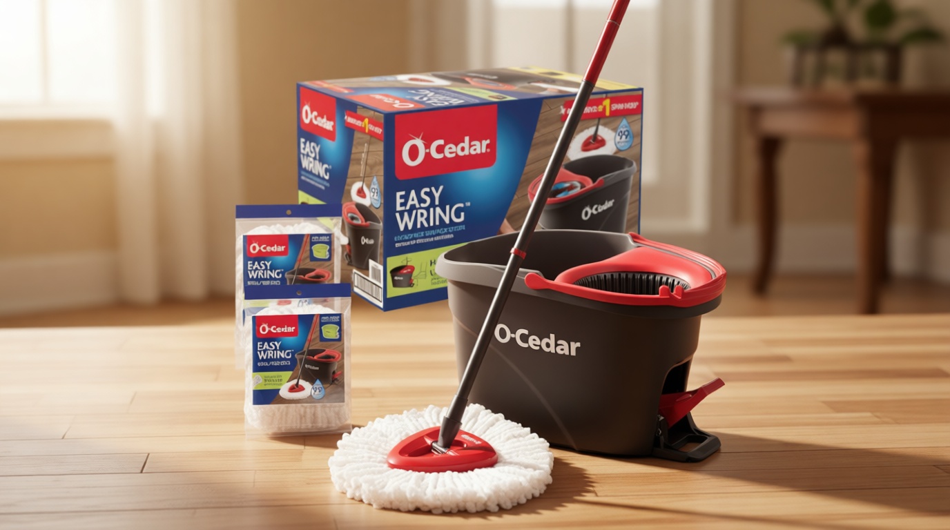 O-Cedar EasyWring Microfiber Spin Mop & Bucket Floor Cleaning System + 2 Extra Refills, Red/Gray