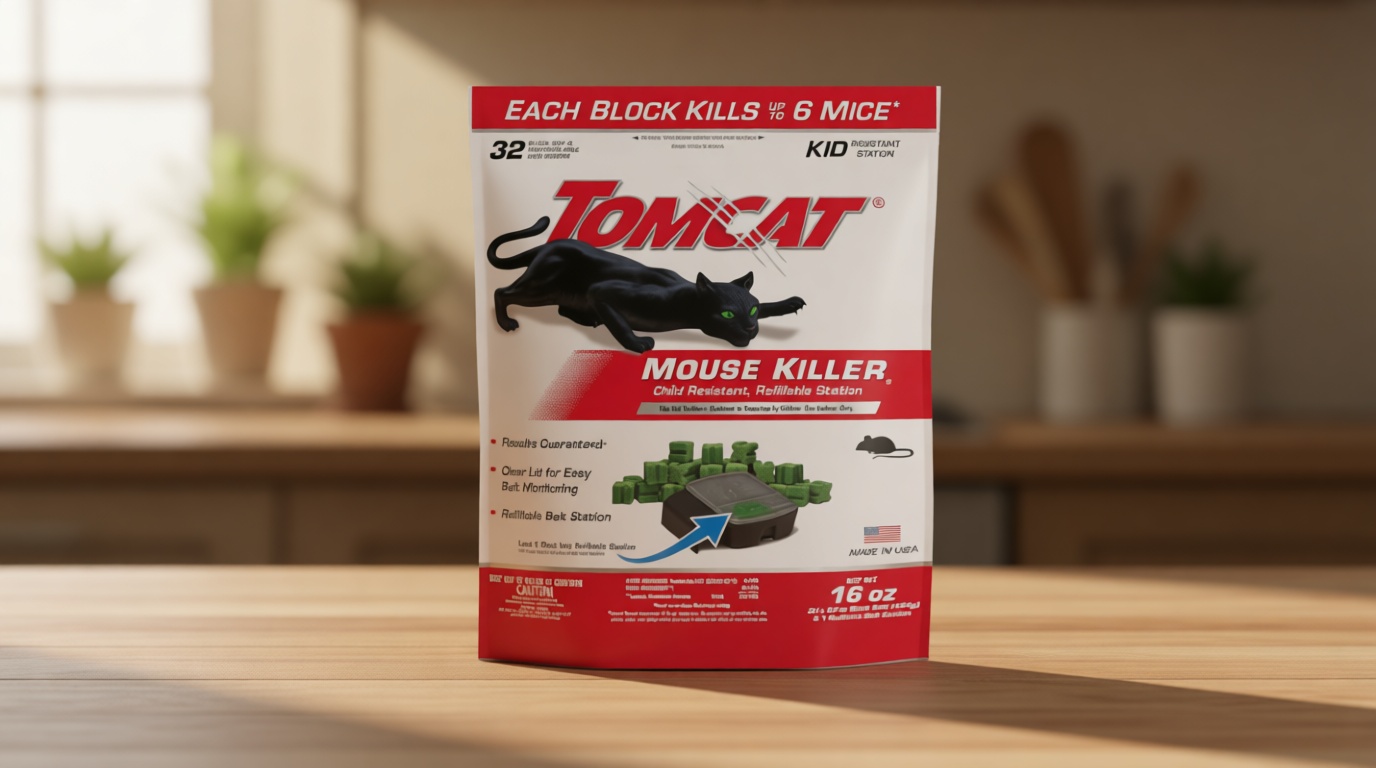 Tomcat Mouse Killer(e), Child Resistant, Refillable Station - Weather-Resistant Indoor/Outdoor Bait Station with Clear Monitoring Lid, 1 Station and 32 Bait Blocks