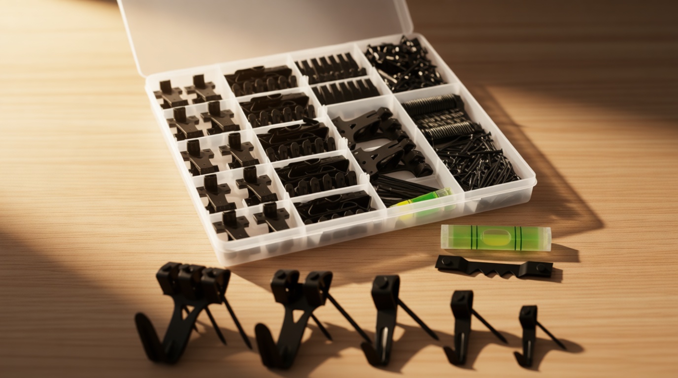 KURUI Picture Hangers, 385Pcs Picture Hanging Kit with Heavy Duty Picture Hanging Hooks, Sawtooth, Hardware Nails and Picture Hanging Tool, Wall Hangers for Frame, Painting, Art, Photo (Black)