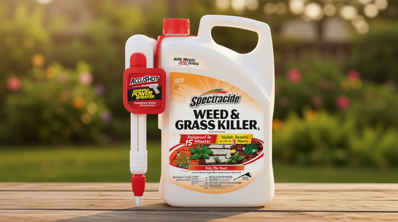 Spectracide Weed & Grass Killer, 1.33 Gallons, With AccuShot Continuous Power Sprayer Kills Broadleaf Weeds and Grasses Down to the Root, Rainproof in 15 Minutes with Visible Results in 3 Hours