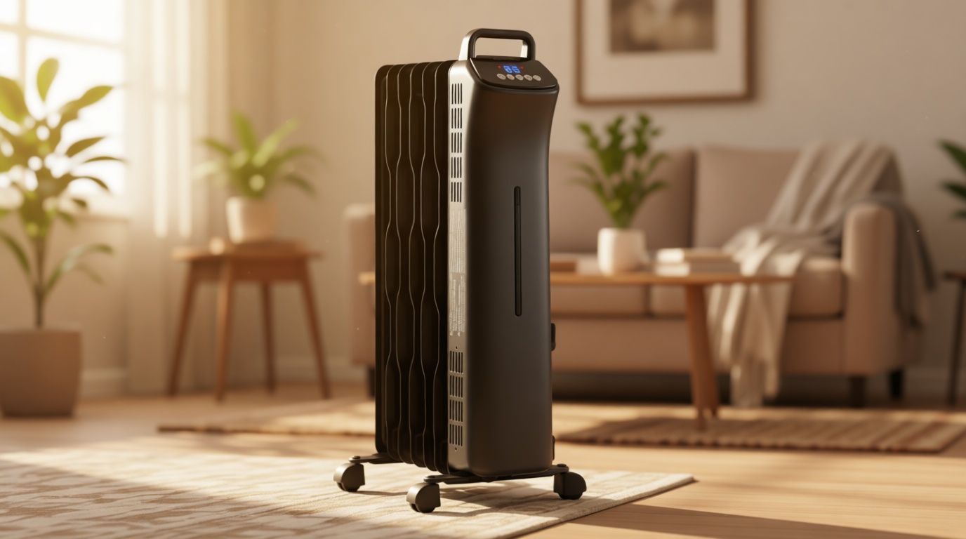 Amazon Basics Portable Oil Space Heater with Remote Control, 7 Oil-Filled Fins, Adjustable Thermostat, 3 Heat Settings, Tip-Over and Overheat Protection, ETL Safety Certificate, 1500W, Black
