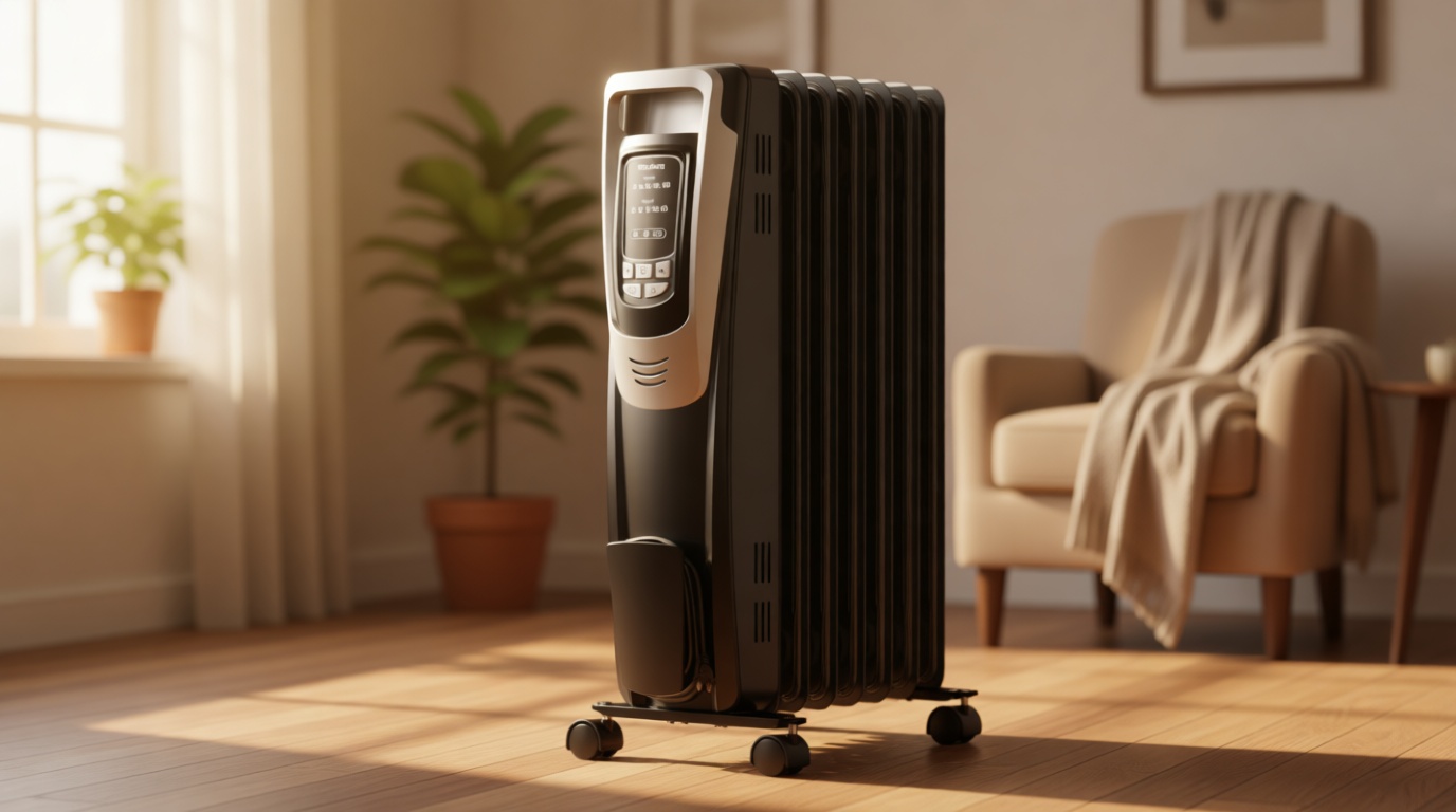 PELONIS Radiator Heater for indoor use Large Room with Remote, Thermostat & LED Display, Quiet Oil Filled Heater with 5 Temperature Settings, Overheat & Tip-Over Protection, Silver