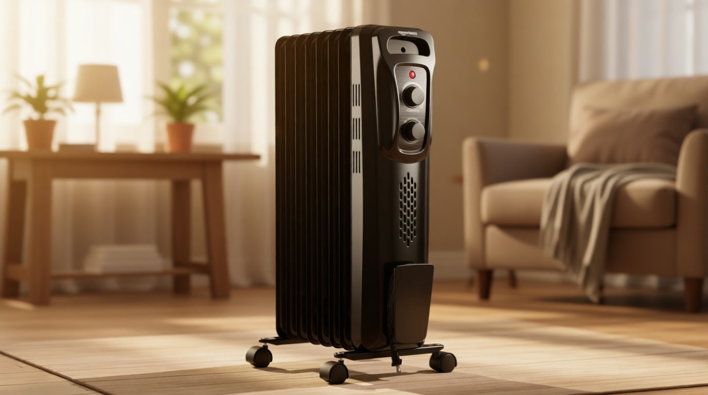 Amazon Basics Portable Oil Radiator Heater, Indoor Use, 3 Heat Settings, Over-Heat Protection, ETL-certified Safety, 7 Oil-Filled Steel Fins, 1500W, Tip-Over Protection, 11"D x 14.8"W x 25.2"H, Black