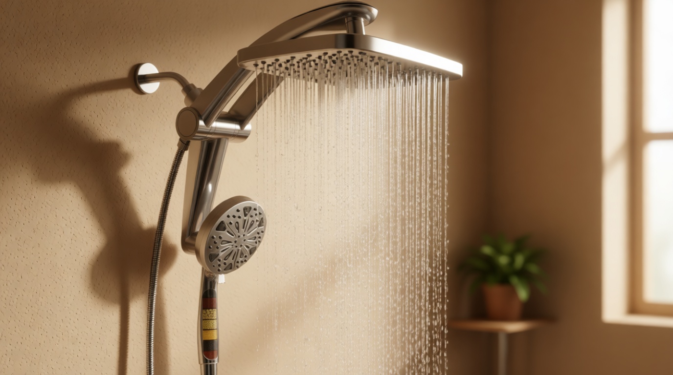 Rain Shower Head with Handheld High Pressure rainfall Shower Heads with Handheld Spray Combo Adjustable one-piece stand daul shower head Built-in Magnetic Docking and Power Jets-silver