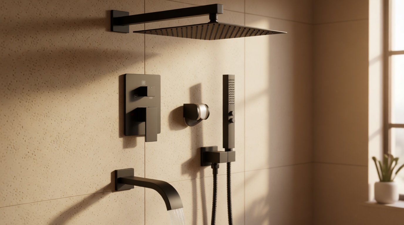 Shower System with Tub Spout, Wall Mounted Bathtub Shower Faucet Set, 12" Rainfall Shower Head and Handheld Shower Combo, High Pressure Shower Fixtures Set with Rough-in Valve, Matte Black